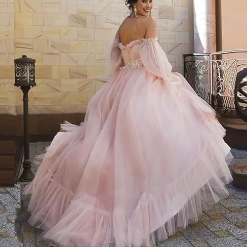 Tulle Off Shoulder Court Train Prom Dress Long Sweetheart Puff Sleeves Wedding Gown with Lace Up TPPD0022