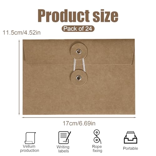 Huakaile 24 braune Briefumschläge, 15,2 x 10,2 cm, mit Knopf- und Schnurverschluss, dekorative Vintage-Umschläge, Taschen für Briefe, Postkarten, Grußkarten, Einladungen