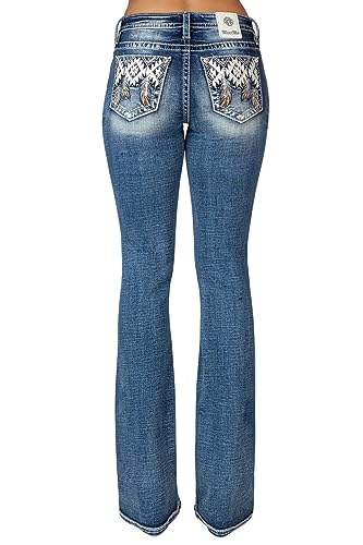 Miss Me Women's Mid-Rise Southwestern Feathers Embellished Pockets Slim Boot Jeans