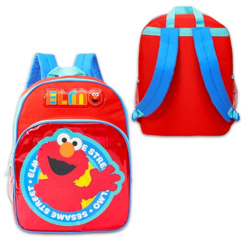 Sesame Street Backpack for Kids - Bundle with 16” Sesame Street School Backpack Plus Water Bottle, Tattoos, More | Elmo School Bag for Boys, Girls Set3
