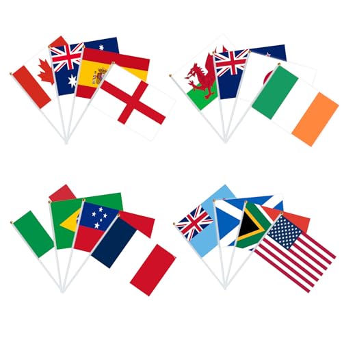 YOFANUP World Rugby Flags World Rugby Party Decorations Double-Sided Waterproof 16 Pcs Handheld Stick Flags for Clubs Garden Bar Street Party Decorations