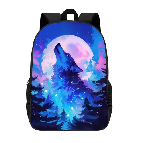 MAMINA Kids Wolf Backpack for Boys Girls, Howling Wolf Galaxy Backpack, Animal Print Blue Pink Space Galaxy Starry Night Cosmos School Backpack, Elementary Middle High School Backpack, 17 Inch