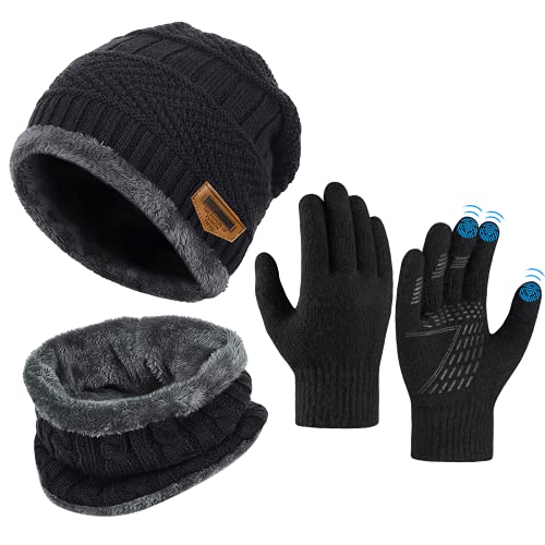 OOPOR Kinder Wintermütze Schal Touchscreen Handschuhe Set - Beanie Strickmütze Winterschal Thermo Fleecefutter Warme Knit Hut Loop Rutschfeste für Junge Mädch 5-10 Jahre