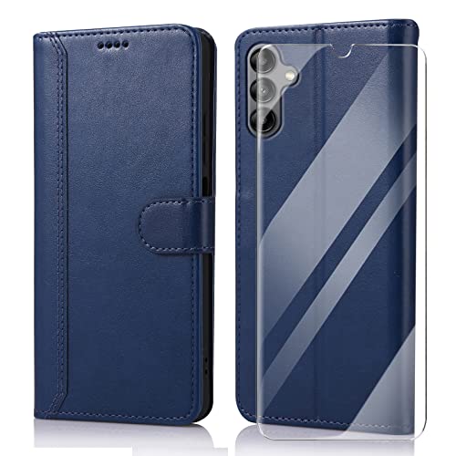 SMYTU Funda para Samsung Galaxy A14 4G / 5G (6,6') + Cristal Templado,PU Cuero Billetera Carcasa Libro Caso,Flip Magnético Case para Samsung Galaxy A14 4G / 5G - Azul