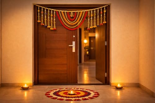 Image of iHandikart Decorative Multicolor Pom Pom and Beads Door Toran, 40 Inch Decorative Toran for Entrance, Home & Festive Decor, Traditional Toran for Diwali & Housewarming Gifts (RK-T175)