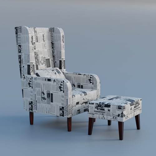 Image of Custom Decor Wooden Wing Chair with Ottoman Stool | Wingback for Living Room | One Seater Sofa | High Density Foam | Accent Chair for Seating, Home Decor Furniture | (Vintage Newsprint, with Ottoman)