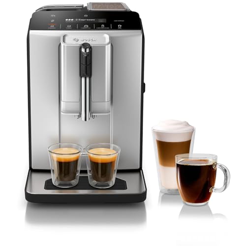 Bosch Fully Automatic Coffee and Espresso Machine - One-Touch Drinks, Barista Style, Double Cup Super Coffee Maker - Large Bean Capacity - Easy Clean, Maintenance - Silver- TIU20307