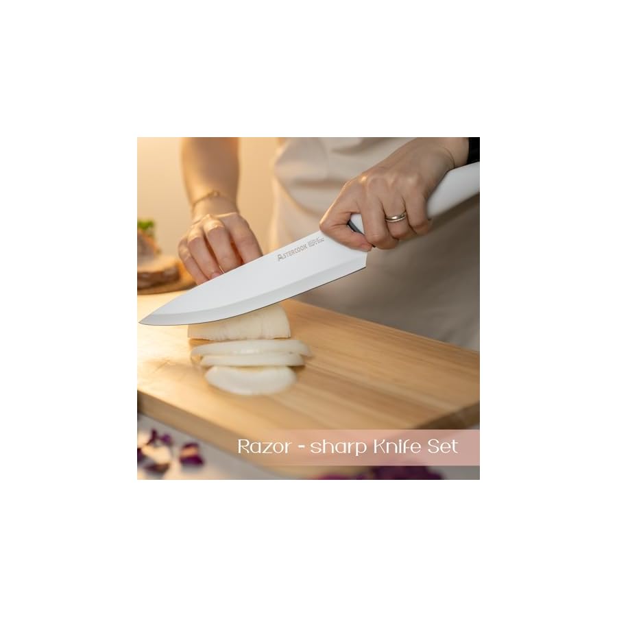 Astercook Knife Set for Kitchen with Block and Sharpener 22 Piece Kitchen Knives Sharp Blade Dishwasher Safe Knife Block Set with Ergonomic Handle, Elegant White