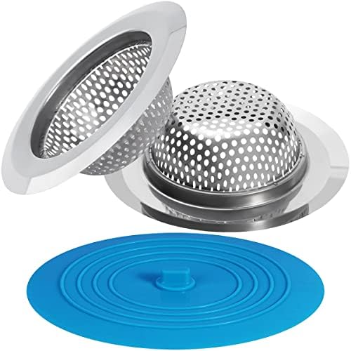 3 Pack Kitchen Sink Strainer and Sink Stopper, Sink Strainer Stopper Kit, Universal Silicone Drain Cover, Large Wide Rim 4.5" Stainless Steel Sink Drain Strainer, Food Catcher for Kitchen Sink