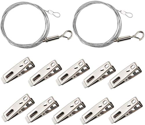 (2 + 10) OOTSR Alambre para colgar cuadros, cuerda ajustable de 1,5 mm x 2 m para servicio pesado para colgando espejo/luz/Cuadro, con pinzas para ropa de acero inoxidable