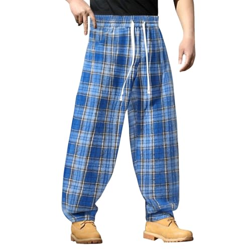 Men's Plaid Casual Pants Stretchy Sofy Comfy Pajamas Trosers Loose Fit Waist Drawstring Straight Leg Pants Plus Size