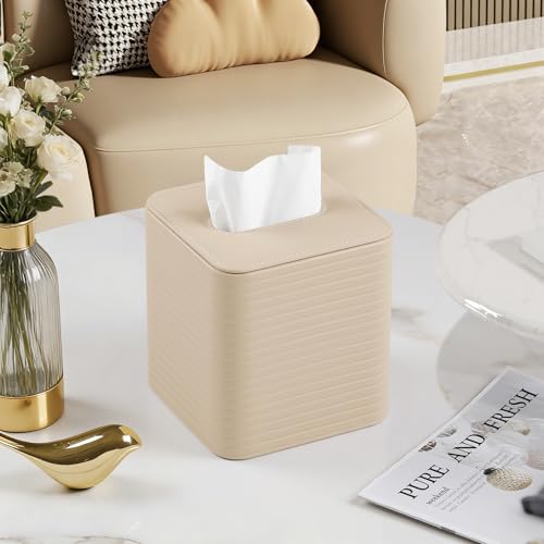 Tissue Box Cover Square with Magnetic Closure, PU Leather Tissue Box Holder for Bathroom NightStands Livingroom, Decorative Modern Square Tissue Holder (Beige Thick Stripes) by TAOBAIBAISJ - Used condition - Image 2