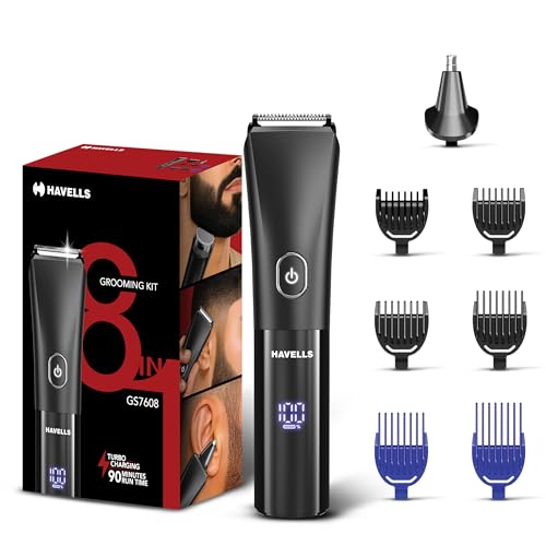 Image of Havells 8 in 1 Digital Grooming Kit |2-in-1 Special Blade|Nose & Ear Attachment|4 Beard & 2 Hair Combs|Type C Turbo Charge|No Nicks & Cuts|2 Year Guarantee|GS7608