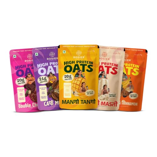 ROSIER High Protein Oats Assorted Pack | 21g Protein | Banana Cinnamon, Cafe Mocha, Double Chocolate, Kulfi & Mango | Instant Healthy Breakfast | 5 x 