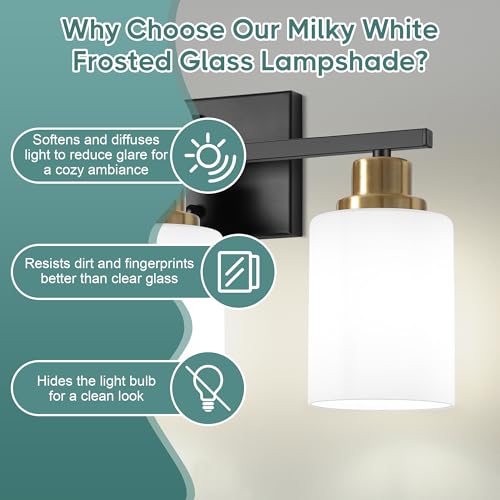 Image of Ascher Bathroom Light Fixtures, 3-Light Vanity Light Over Mirror, Black and Gold Wall Sconces with Milky White Frosted Glass Shades, Wall Lamp for Living Room Bedroom, E26 Base(Bulbs Not Included)