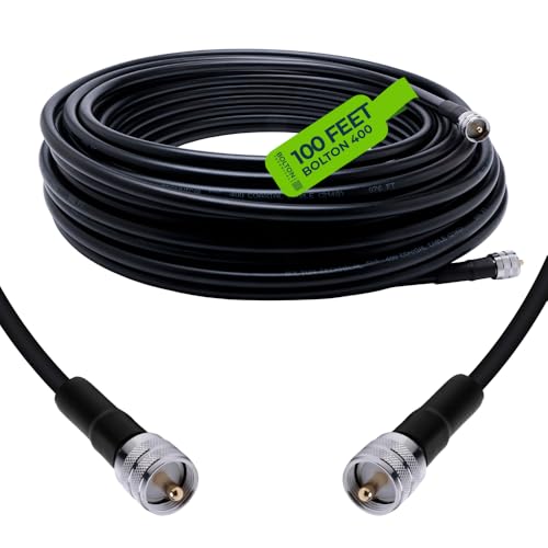 Bolton400 Coaxial Cable (100 ft) with PL-259 Male-to-Male Connectors - LMR400 Spec 50 Ohm Low-Loss RF & Antenna Coax Cable for Ham Radio VHF/UHF RF Systems - Black