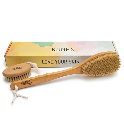 KONEX Bath Brush Set, Exfoliating Shower Scrubber, Dry Brushing Body Brush Set, Pore Opening, Beechwood Handle with Natural Bristle Large 15" Plus Small Face Brush (Pack of 5)