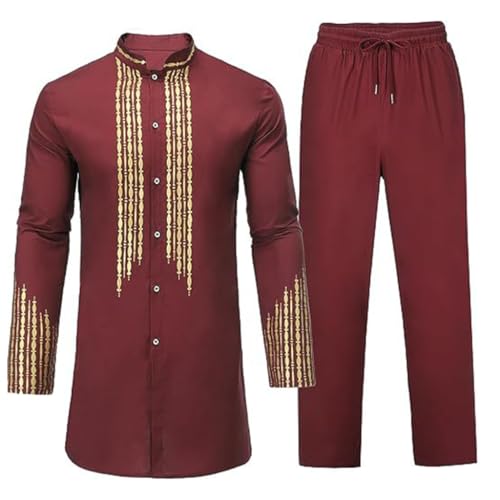 Ensemble Dashiki Homme 2 pièces imprimé africain traditionnel avec haut tribal et pantalon noir