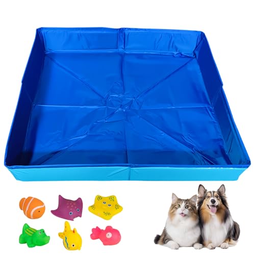 Hundepool Katzenpool Mit 6 Fischen Spielzeug, 50x50x10cm Hundebadewanne Faltbare Mini Hunde Pool Aus PVC, Planschbecken Hund, Schwimmbecken Für Kleine Hunde Katzen Haustiere (Blau)