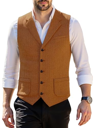 Men Herringbone Tweed Suit Vest,Men Slim Fit Waistcoat for Casual Prom - Main Image