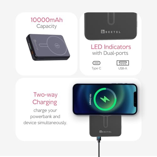 Image of Beetel MagVibe Series WB10 Magsafe 10000mAh Magnetic 15W Wireless Power Bank for Apple iPhone, Samsung, OnePlus, All Smartphones | Qi Enabled Devices | 3M Ring in Box | Premium Finish | Black
