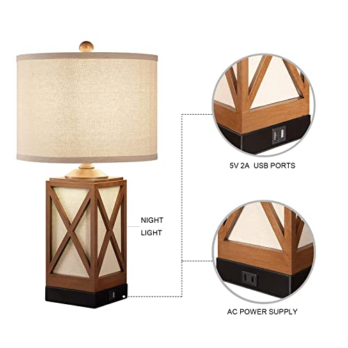 Aidenoey Table Lamp For Living Room Set Of 2 With Nightlight 2 Usb Ports And Ac Outlet Bronze Wood Finish Linen Fabric Hardback Shade Decor For Bedroom Bedside Home Office Family (‎22.75''H) #TOP1
