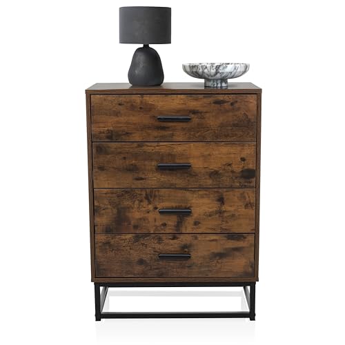 hjh LIVING Cassettiera a 4 cassetti VINSTRA Cassettiera in Stile Industriale, per Camera da Letto, corridoio, Soggiorno, Marrone 60x38,5x83,5 cm