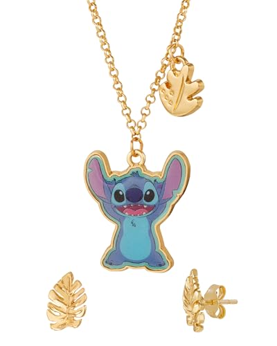 Disney Stitch Jewelry Set Official License with 16+3 Necklace and Palm Leaf Earrings, Gold Tone Fashion Necklace and Stud Earrings