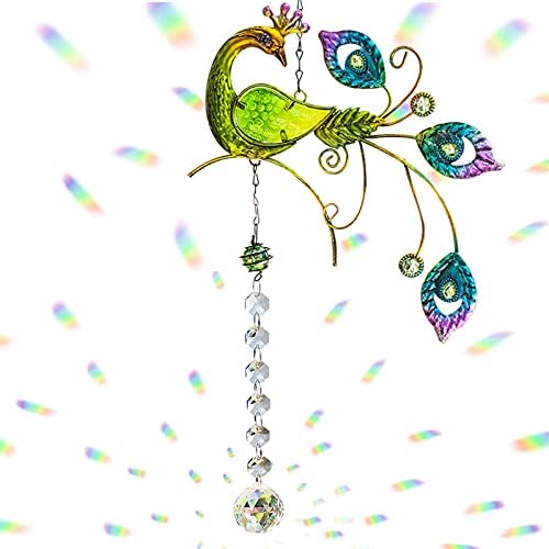 Cosylove Peacock Crystal Suncatcher Pendant Hanging Chandelier Prism Rainbow Maker Ornament for Window Sun Catcher Home Garden Decoration(Green)