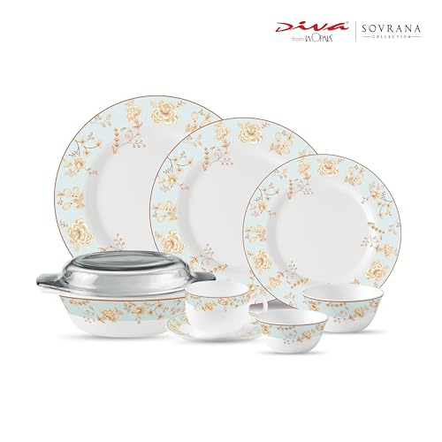 Image of La Opala Diva Sovrana Collection Opal Glass Crockery | for Family of 8 | Dinner Set 62 pcs Medusa Gold | Plates & Bowls for Dining | Microwave Safe | 100% Vegetarian | Extra Strong | Light & White