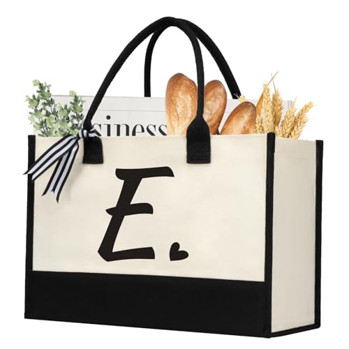 Initial Canvas Tote Bag, Personalized Beach Bags Gift for Women (Letter E)