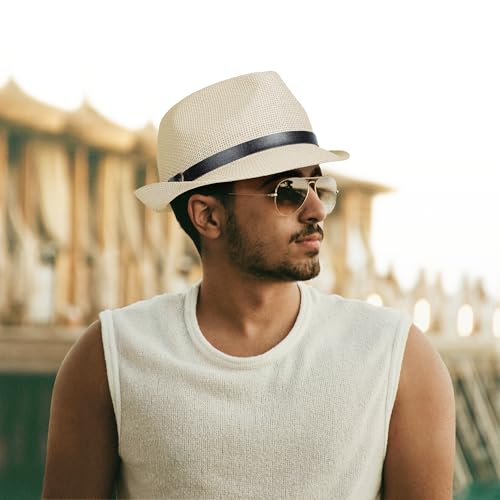 Image of Straw Trilby Fedora Hat for Men Women 1920s Panama Hat Short Brim Summer Beach Sun Hat with Band