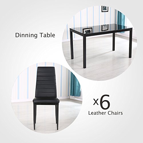 Mecor 7 Piece Glass Kitchen Dining Table Set, Glass Top Table with 6 Faux Leather Chairs Breakfast Furniture,Black