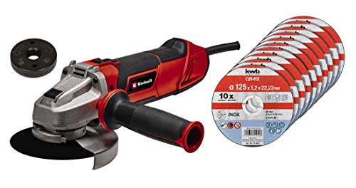 Einhell Winkelschleifer TE-AG 125/1010 CE Q (1010 W, Ø125 mm, Schnellspannmutter, elektr. Drehzahleinstellung, flacher Metallgetriebekopf, Scheibenschutz, inkl. 10 Trennscheiben)