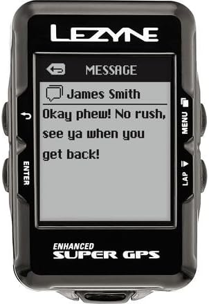 LEZYNE Enhanced Super GPS Cycling Computer displaying a message notification