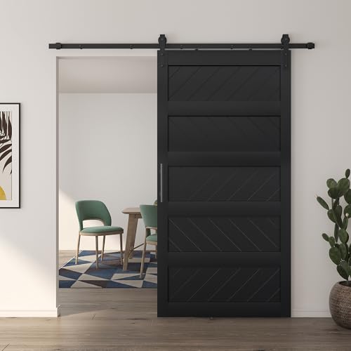 JUBEST 42" x 84" Barn Door, Slding Barn Door Kit Wav-Shape Barn Door Panel with Hardware Kit Include, Easy Installation, Solid Wood, MDF & PVC Covered, Black by JUBEST - Used condition - US$279.99