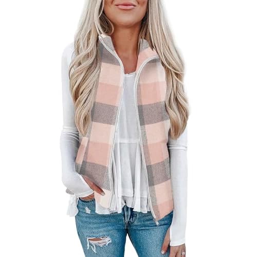 Rapbin Women's Plaid Outerwear Vests Tops Zip Up Collared Sleeveless Jacket with Pockects Red Small