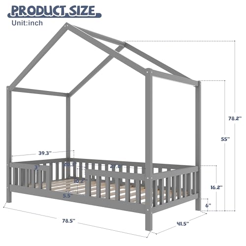 Image of Twin Size Wood House-Shape Platform Bed with Roof Frame and Canopy, Montessori Floor Bed with High Railings and Slat Support for Kids Girls Boys, No Box Spring Needed (Grey-05, Twin)