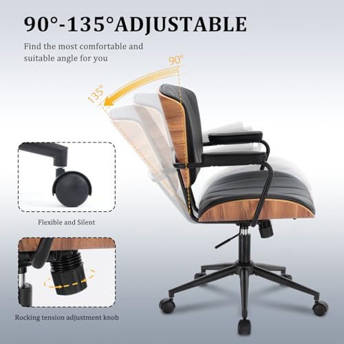 Image of Mid Century Modern Office Chair, Fixed Back Rolling Desk Chair with Armrests and Walnut Back, Adjustable Height for Home Office, Black