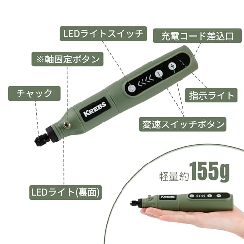 KREBS(クレブス) 充電ミニルーター（リューター）3.6V 電動ルーター 軽量 5段変速 最高18000rpm高速回転 ビット31点セット 照明ライト TYPE-C 充電式 コードレス 彫刻/研磨/切削/穴あけ/汚れ落とし/つや出し DIY軽作業向け
