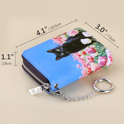 Image of FurArt Zipper Wallet Women, RFID Blocking Credit Card Wallet, Business Card Holder, Compact Size KeyChain Wallet, Tulips and Cat, small