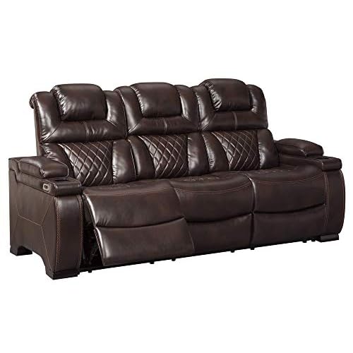 Signature Design by Ashley Warnerton Faux Leather Power Reclining Sofa with Adjustable Headrest, Brown