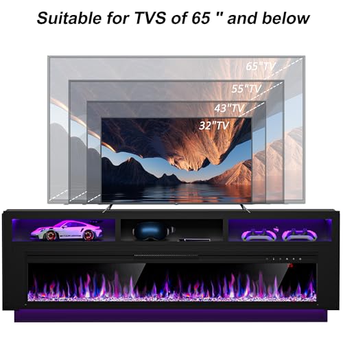 Spurgehom 58\" Fireplace TV Stand for TVs Up to 65\" with 52\" Electric Fireplace, TV Console for The Living Room, LED Light Entertainment Center, Storage Cabinet, Media Console Table, Black - Thumbnail 5