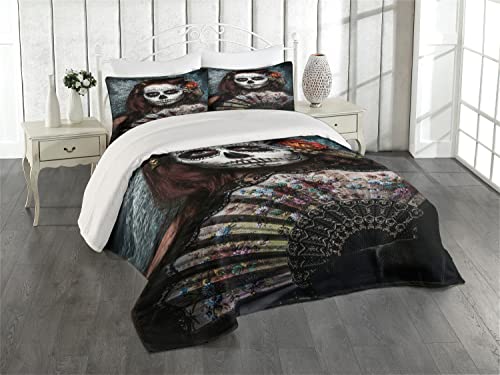 Ambesonne Day of The Dead Coverlet, Make up Artist Girl Skull Scary Roses Artwork Print, 3 Piece Decorative Quilted Bedspread Set with 2 Pillow Shams, King Size, Cadet Blue Maroon