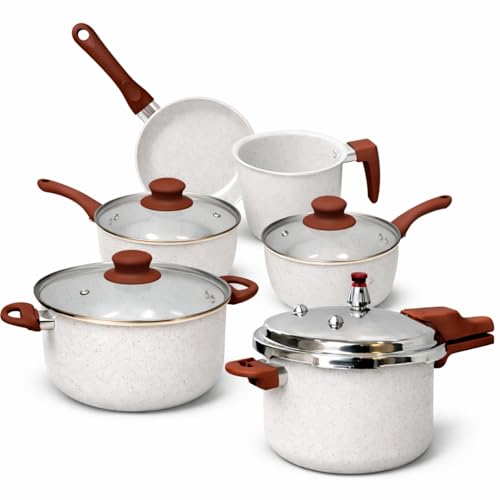 Jogo de Panelas Cerâmica 5 Peças + Panela de Pressão 4,2L Indução, Antiaderente, Livre de PFOA – Dona Laura