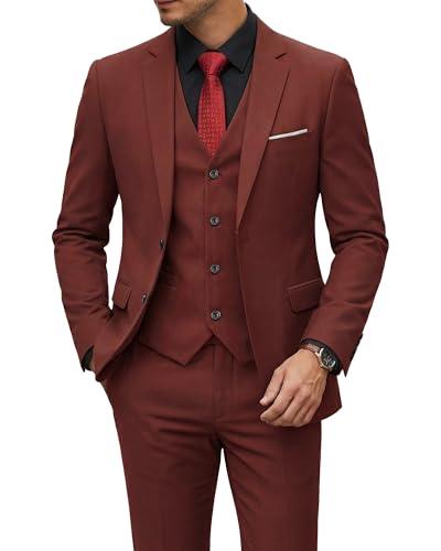 YND Men's 3 Piece Suit Set with Tie, 2 Button Slim Fit Solid Blazer Jacket Vest Pants, Business Wedding Party Suits for Men