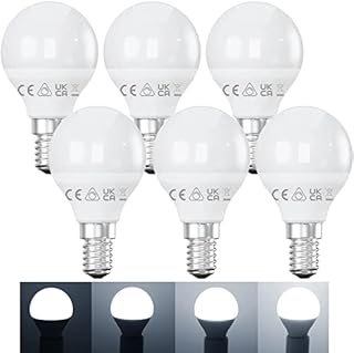 E14 LED Bulbs Dimmable, 6500K Daylight White, 5W (Equivalent to 40W), Small Edison Screw (SES) Golf Ball - Flicker Free Dimmable - Pack of 6