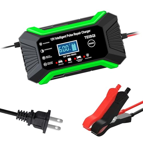 TEISQI Car Battery Charger, 12V 6A Smart Battery Trickle Charger Automotive 12V Battery Maintainer Desulfator with Temperature Compensation for Car Motorcycle Mower Marine Lead Acid Batteries (Green)