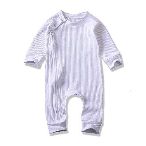 Voydsunflower Newborn Infant Baby Boys Girls Solid One Piece Knitted Romper Button Bodysuit Ribbed Jumpsuit Fall Winter Outfit Clothes (0-3 Months, Zip - White)