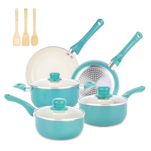 Pots and Pans Set Nonstick, 11pcs Kitchen Cookware Sets Induction Cookware, Ceramic Non Stick Cooking Set, Stay Cool Handle & Bamboo Kitchen Utensils, 100% PFOA Free, Turquoise